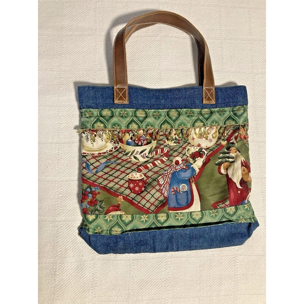 CHRISTMAS Santa Snowman Denim Tote Purse Bag with Beads Vintage 12x12x2-3/4 - Picture 2 of 5